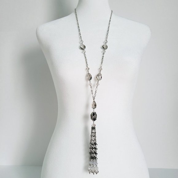 White House Black Market Jewelry - WHBM Silver Plate w/ Clear & Blue Crystal 32-34" Adjustable Tassel Necklace EUC